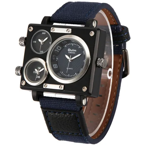 Oulm Men Quartz Watch Square Large Dial Three Time Zone Outdoor Sports Casual Alloy Case Canvas Leather Strap Fashion Wristwatch