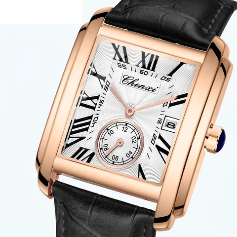 Reloj de Cuarzo de Negocios para Hombre Caja Rectangular de Aleación Correa de Cuero Relieve Cocodrilo Números Romanos Luminoso Calendario Puntero