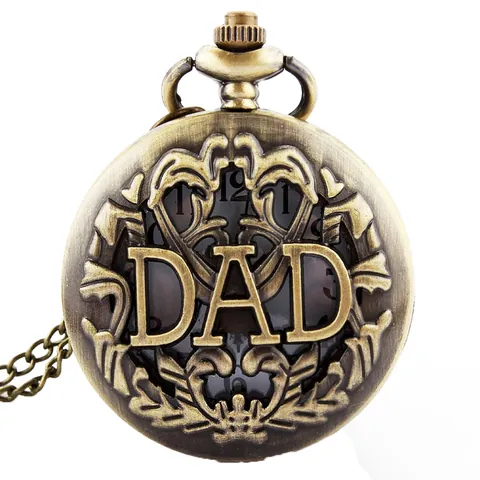 Vintage Hohl DAD Taschenuhr Retro Bronze Legierung Quarz Halskette Uhr Herren Damen Vater Geschenk Großes Zifferblatt Kette