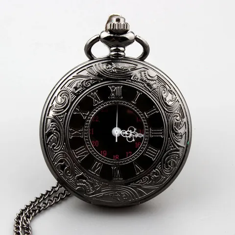 Klassieke Retro Grote Zwarte Romeinse Cijfers Dubbel Display Zakhorloge Vintage Legering Ketting Horloge Voor Dames Heren Quartz Zakhorloge Antiek Reliëf Kast
