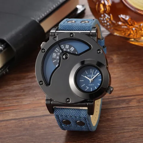 MILER Reloj de Cuarzo para Hombre Moda Movimiento Dual Dial Grande Remache Industrial Correa de Lona Denim Cuero Artificial