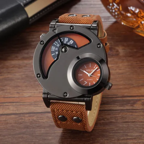 MILER Reloj de Cuarzo para Hombre Moda Movimiento Dual Dial Grande Remache Industrial Correa de Lona Denim Cuero Artificial