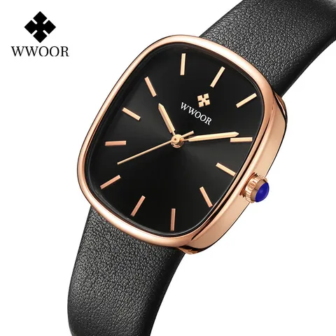 WWOOR Elegant Vintage Small Square Dial Women's Quartz Watch Waterproof Genuine Leather Strap Fashion Ladies Wristwatch
