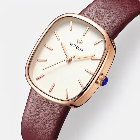 WWOOR Elegant Vintage Small Square Dial Women's Quartz Watch Waterproof Genuine Leather Strap Fashion Ladies Wristwatch