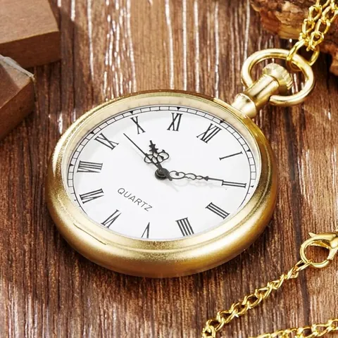 Vintage Roman Numerals Quartz Pocket Watch Necklace Gold Alloy Case Retro Pendant Watch With Fine Chain For Men Women Students