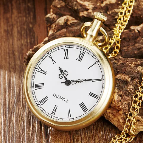 Vintage Roman Numerals Quartz Pocket Watch Necklace Gold Alloy Case Retro Pendant Watch With Fine Chain For Men Women Students