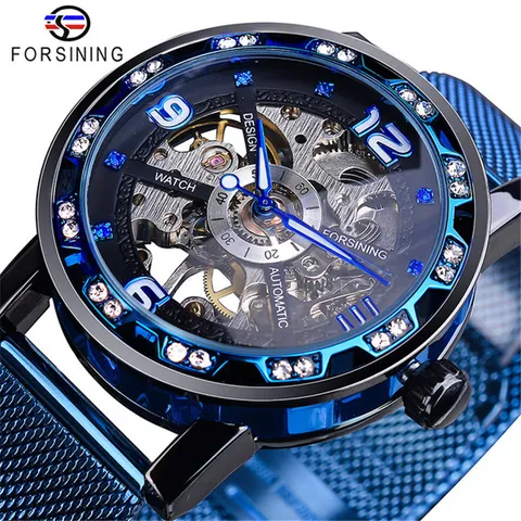 Reloj Mecánico de Esqueleto para Hombre Moda de Lujo con Incrustaciones de Strass Correa de Malla de Aleación Reloj de Pulsera de Cuerda Manual