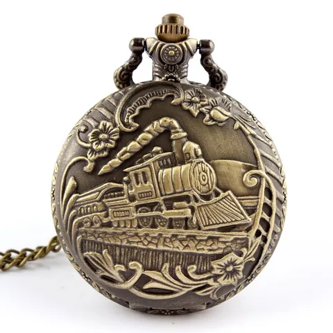 Vintage Steam Train Relief Hollow Pocket Watch Necklace Quartz Movement Alloy Pendant Watch With Long Chain For Men Women
