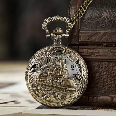 Vintage Steam Train Relief Hollow Pocket Watch Necklace Quartz Movement Alloy Pendant Watch With Long Chain For Men Women