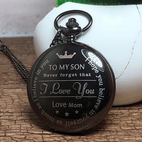 Retro Zwart Glad Quartz Zakhorloge Met Laser Gegraveerd Familie Cadeau Voor Zoon Moeder Echtgenoot Vader Opa Hanger Horloge