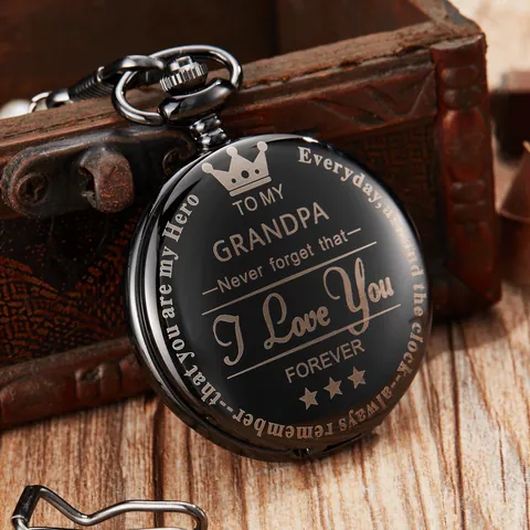 Retro Zwart Glad Quartz Zakhorloge Met Laser Gegraveerd Familie Cadeau Voor Zoon Moeder Echtgenoot Vader Opa Hanger Horloge