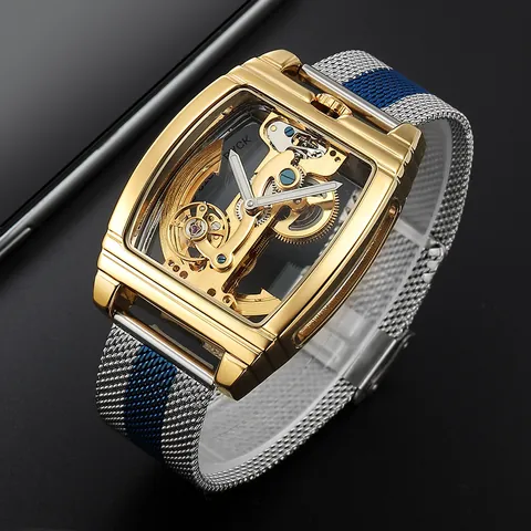 Men Skeleton Automatic Mechanical Watch Tonneau Case Flywheel Design Milanese Mesh Band Luminous Fashion Casual Wristwatch Gift