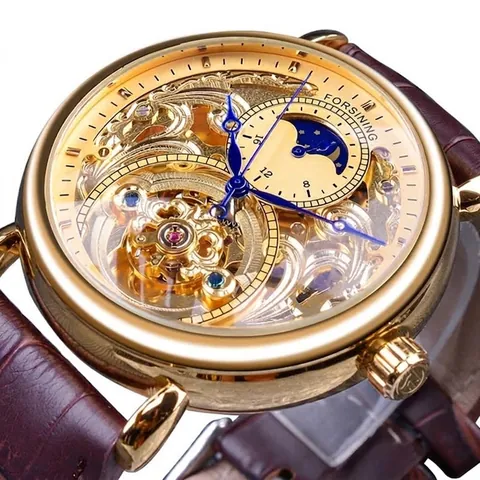 Men's Fashion Automatic Mechanical Watch Skeleton Moon Phase Carved Hollow Design Leather Strap Waterproof Wrist Watch Business Style