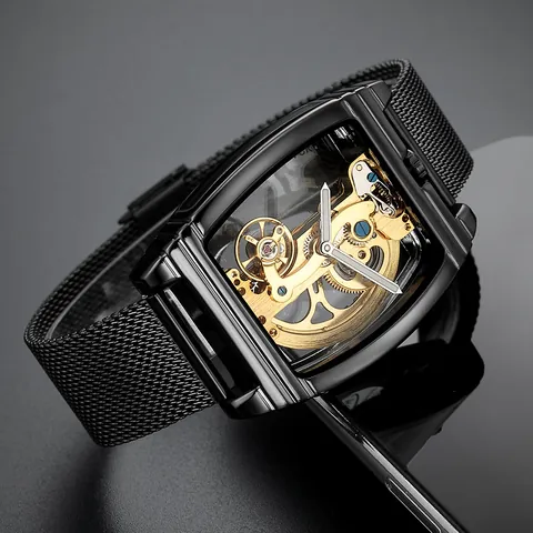 Men Skeleton Automatic Mechanical Watch Tonneau Case Flywheel Design Milanese Mesh Band Luminous Fashion Casual Wristwatch Gift