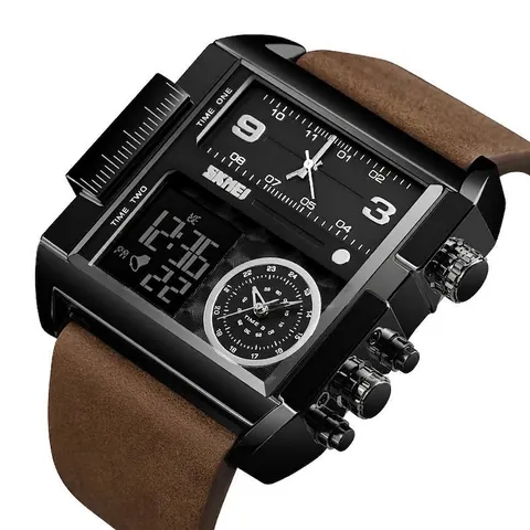 SKMEI 1391 Luxury Men Business Quartz Watch Multifunction Large Square Dial Dual Display Waterproof Leather Strap Male Watch