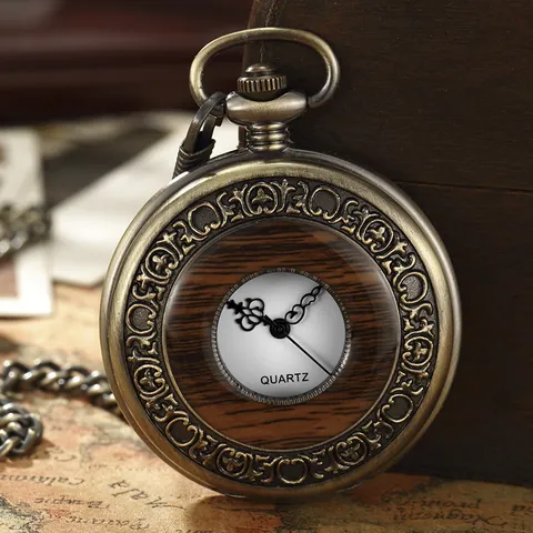 Retro Hollow Flip Wood Ring Quartz Pocket Watch For Men Women Antique Bronze Skeleton Case Arabic Numeral Waist Chain Watch