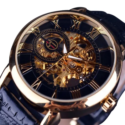 Forsining Herren Mode Retro Skelett Mechanische Uhr Gold Silber Edelstahl Lederarmband Römische Zahlen Leuchtende Armbanduhr