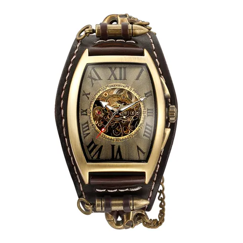 Orologio Meccanico Automatico Steampunk Cavo Teschio Forma Tonneau Quadrante Retrò Bronzo Pelle Cinturino con Rivetti Orologio da Polso Uomo