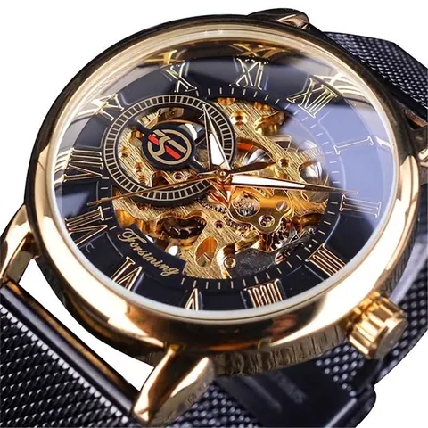 Forsining Herren Luxus Skelett Automatik Mechanische Uhr Mode Business Netz Edelstahl Armband Römische Ziffern Armbanduhr
