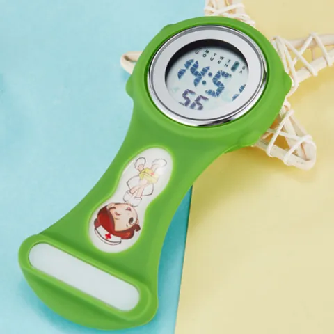 Professional Digital Nurse Fob Watch With Silicone Cover Cartoon Pattern Date Week Display Lapel Pin Medical Pocket Watch