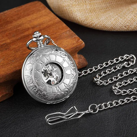 Retro Bronze Skeleton Mechanical Pocket Watch Double Open Roman Numerals Hand-Wind Antique Fob Watch For Men Women Gift