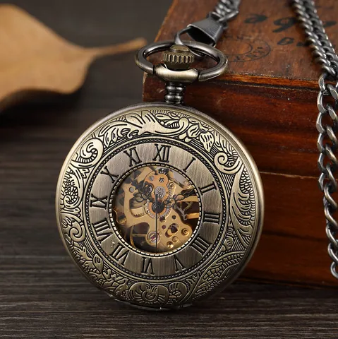Retro Bronze Skeleton Mechanical Pocket Watch Double Open Roman Numerals Hand-Wind Antique Fob Watch For Men Women Gift