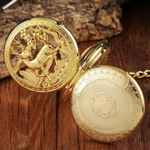 Vintage Hohle Geschnitzte Doppelt Offene Mechanische Taschenuhr Für Herren Damen Legierung Hirsch Muster Antike Römische Ziffern Anhänger Uhr Mit Kette