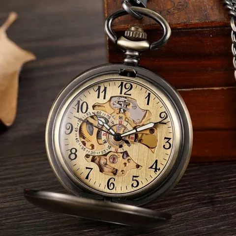 Vintage Automatische Mechanische Taschenuhr Skelett Gebürstete Legierung Steampunk Anhänger Uhr Römische Ziffern Geschenk Für Damen Herren