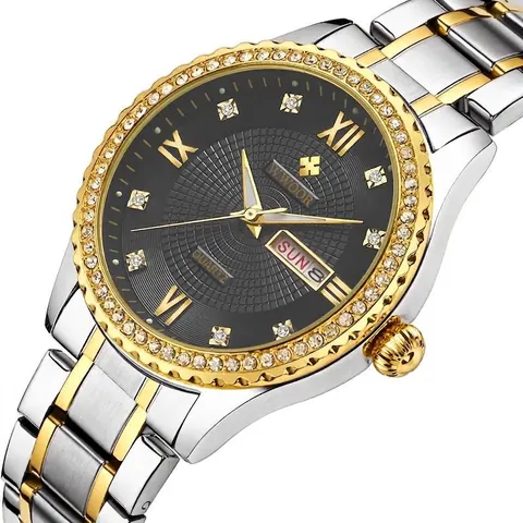 WWOOR 8856 Luxus Paar Quarzuhr Edelstahl Strass Inlay Leuchtend Wasserdicht Doppelkalender Armbanduhr