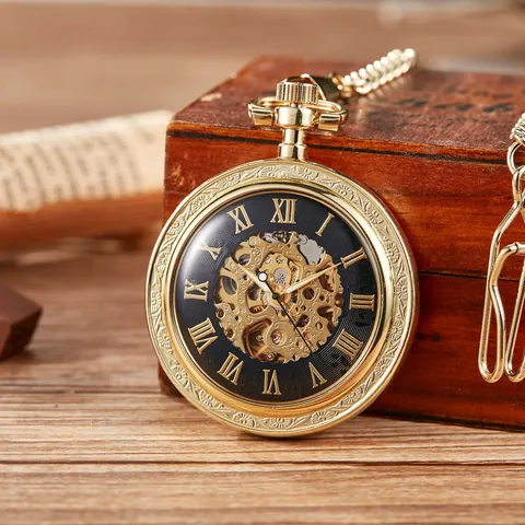 Orologio da Taschino Meccanico Vintage in Lega Scheletro Numeri Romani Steampunk Design Floreale Intagliato Gioielli Ciondolo Orologio