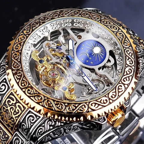 Forsining Herren Automatische Mechanische Uhr Skelett Retro Geschnitztes Zifferblatt Wasserdichte Mondphase Luxus Armbanduhr Mit Edelstahlarmband