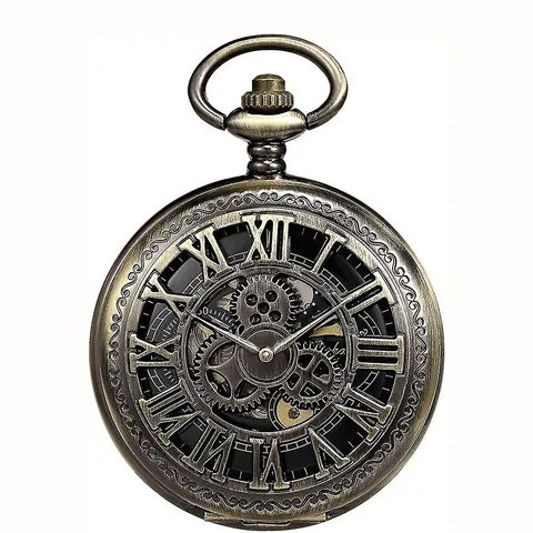 Vintage Hollow Mechanical Pocket Watch Roman Numerals Alloy Case With Chain Antique Gear Design Classic Timepiece Gift