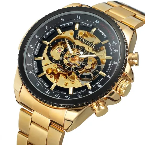 Winner Herren Automatik Mechanische Uhr Luxus Gold Skelett Zifferblatt Tachymeter Mode Business Casual Legierung Armbanduhr