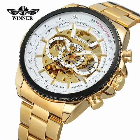 Winner Herren Automatik Mechanische Uhr Luxus Gold Skelett Zifferblatt Tachymeter Mode Business Casual Legierung Armbanduhr