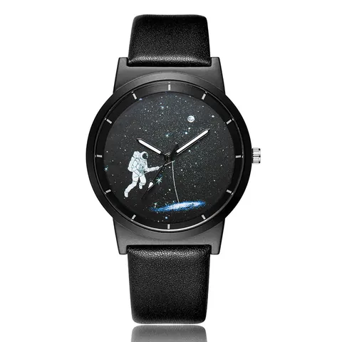 Minimalist Astronaut Quartz Watch Student Fashionable Cartoon Space Theme Leather Strap Alloy Case Casual Unisex Wristwatch