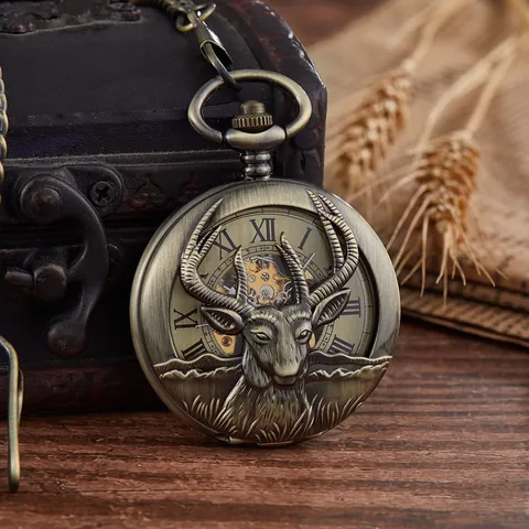 Vintage Hollow Deer Head Alloy Mechanical Pocket Watch Manual Skeleton Dial Retro Hand Wind Men Women Gifts Jewelry