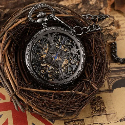 Orologio da Taschino Meccanico Vintage Inciso Con Catena Retro Steampunk Motivo Floreale Numeri Romani Regalo Per Uomo Donna