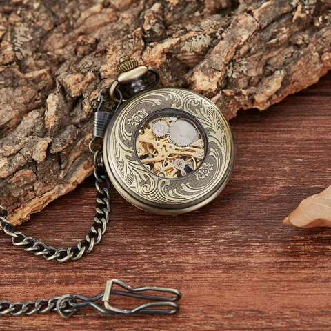 Orologio da Taschino Meccanico Vintage Inciso Con Catena Retro Steampunk Motivo Floreale Numeri Romani Regalo Per Uomo Donna