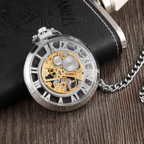 Orologio da Taschino Meccanico Scheletrato Vintage Con Numeri Romani Design a Ingranaggi Cassa in Lega Argento Unisex