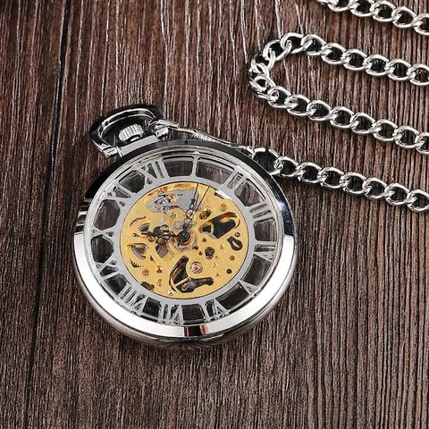 Orologio da Taschino Meccanico Scheletrato Vintage Con Numeri Romani Design a Ingranaggi Cassa in Lega Argento Unisex