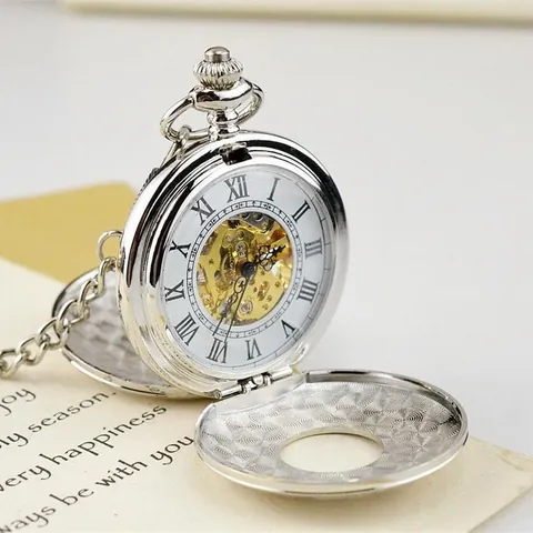 Orologio da Taschino Meccanico Retrò Scheletrato Doppio Hunter Carica Manuale Cavo Numeri Romani Pendente in Lega Antica
