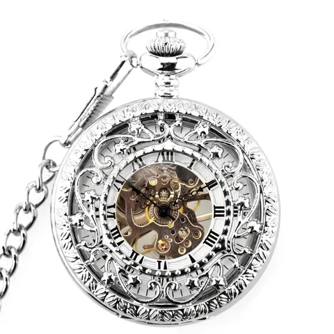 Vintage Skelett Mechanische Taschenuhr Hohl Blumenschnitzerei Retro Römische Ziffern Anhänger Halskettenuhr für Damen Herren
