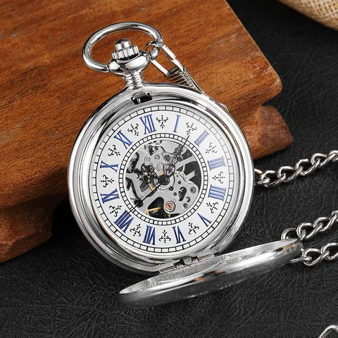Vintage Silver Skeleton Mechanical Pocket Watch With Carved Floral Alloy Case Roman Numerals Antique Style Fob Watch Chain Gift