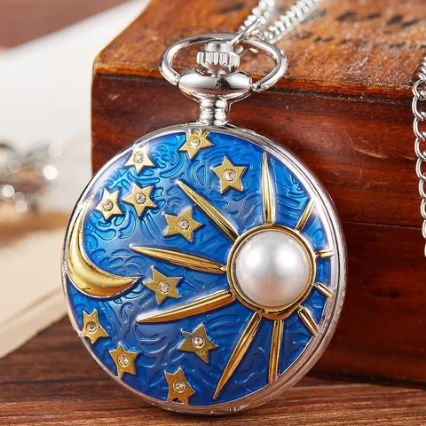 Vintage Hemelse Ster Maan Parel Zakhorloge Zilveren Metalen Kast Kwartsuurwerk Hanger Horloge voor Volwassenen Cadeau
