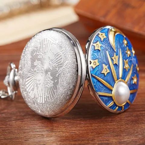Vintage Hemelse Ster Maan Parel Zakhorloge Zilveren Metalen Kast Kwartsuurwerk Hanger Horloge voor Volwassenen Cadeau