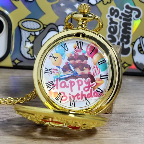 Vintage Creatief Kwarts Zakhorloge Verjaardagsthema Hol Uitgesneden Legering Hanger Horloge Met Ketting Voor Verjaardagscadeau
