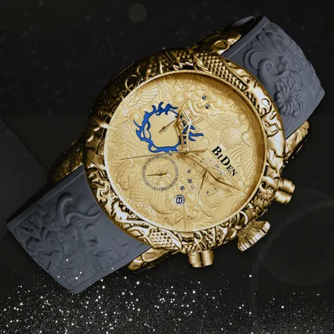 BIDEN Heren Chronograaf Horloge 3D Draak Ontwerp Waterdicht Quartz Horloge Met Zwart Goud Siliconen Band Sport Mode Polshorloge