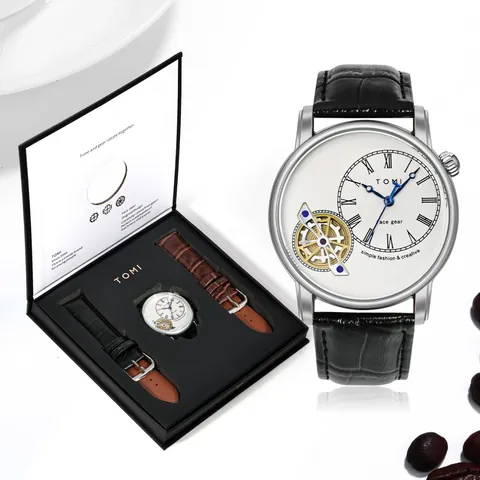 Orologio al Quarzo da Uomo TOMI Serie Face Gear Cinturino in Pelle Impermeabile Cassa in Lega Numeri Romani Orologio da Polso