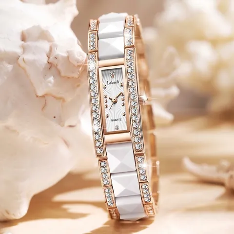 Women Fashion Quartz Watch Rectangular Rhinestone Ceramic Alloy Bracelet Wristwatch Water Resistant Elegant Jewelry Gift