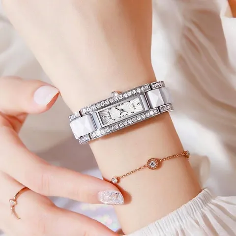 Women Fashion Quartz Watch Rectangular Rhinestone Ceramic Alloy Bracelet Wristwatch Water Resistant Elegant Jewelry Gift